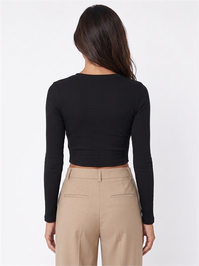 Siyah Baskılı Kaşkorse Crop Bluz
