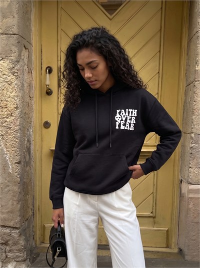 Siyah Baskılı Oversize Kapüşonlu Sweatshirt