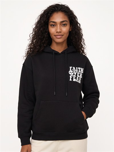 Siyah Baskılı Oversize Kapüşonlu Sweatshirt