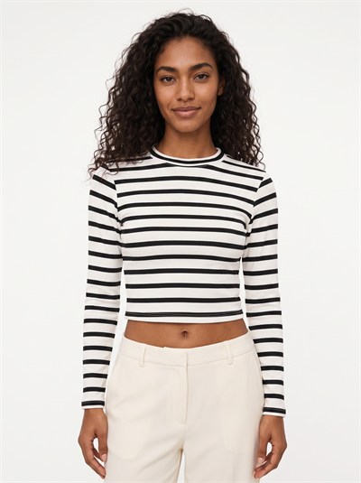 Siyah Çizgili Crop Bluz
