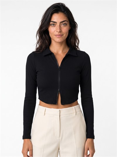 Siyah Fermuarlı Fitilli Crop Bluz
