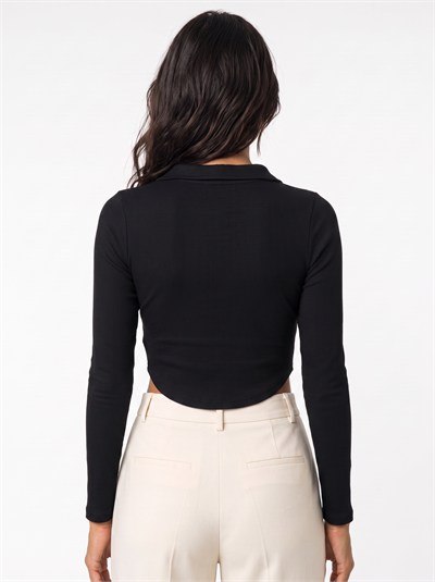 Siyah Fermuarlı Fitilli Crop Bluz