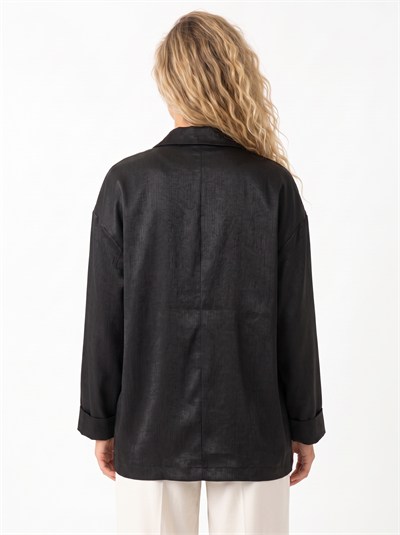 Siyah Kruvaze Saten Blazer Ceket