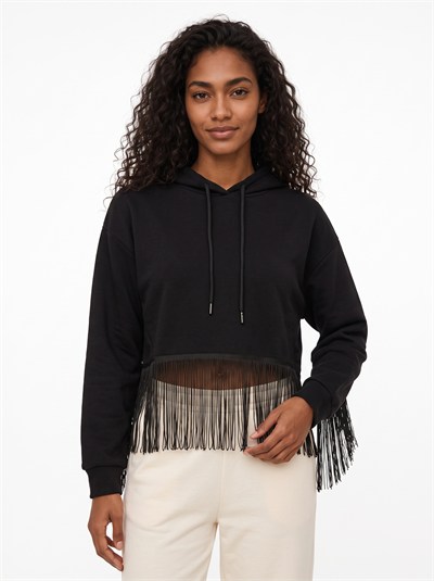 Siyah Saçaklı Kapüşonlu Sweatshirt
