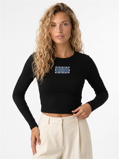 Siyah Yıldız Nakışlı Crop Bluz
