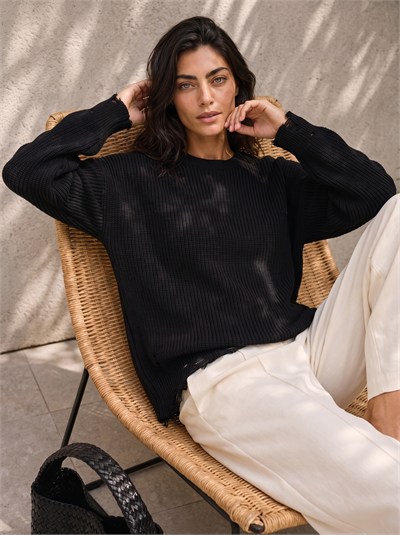 Siyah Yırtık Detay Oversize Kazak