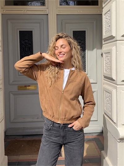 Taba Fermuarlı Süet Bomber Ceket
