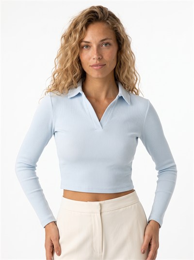 Turkuaz Polo Yaka Fitilli Bluz
