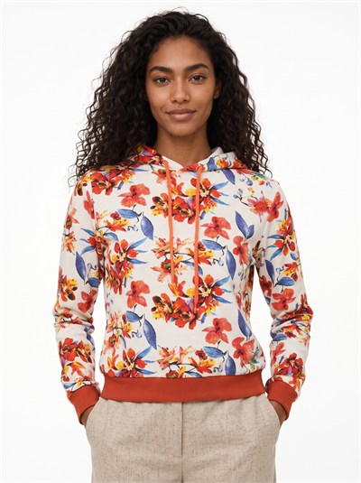 Turuncu Çiçek Desenli Kapüşonlu Sweatshirt