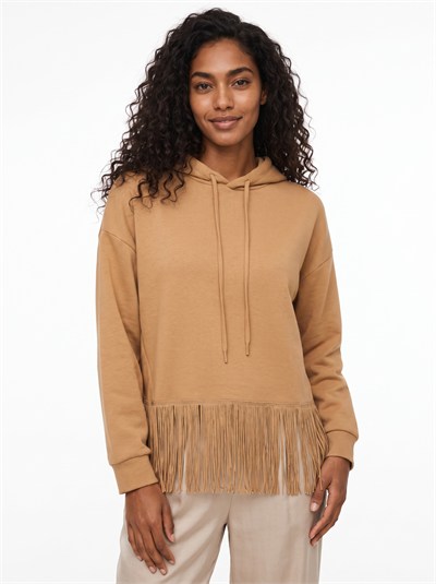 Vizon Saçaklı Kapüşonlu Sweatshirt