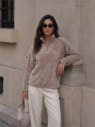 Vizon Yarım Fermuarlı Peluş Sweatshirt