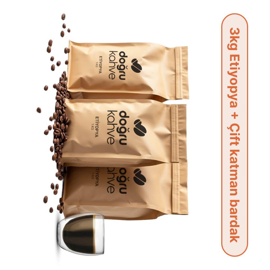 3 Kg Etiyopya Filtre Kahve + Çift Katmanlı Bardak 250 ml