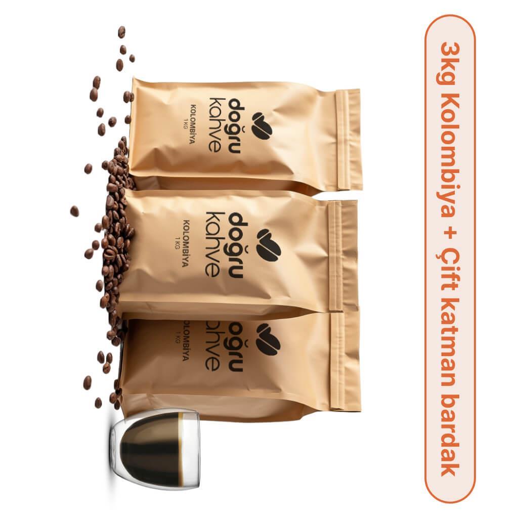 3 Kg Kolombiya Filtre Kahve + Çift Katmanlı Bardak 250 ml