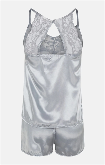 Açık Gri Dantelli Saten Atlet-Şort Dokuma Pijama Takımı 