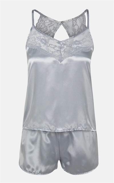 Açık Gri Dantelli Saten Atlet-Şort Dokuma Pijama Takımı 