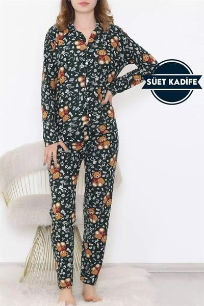 Dantel Ayıcıklı Haki Süet Pijama Takımı 