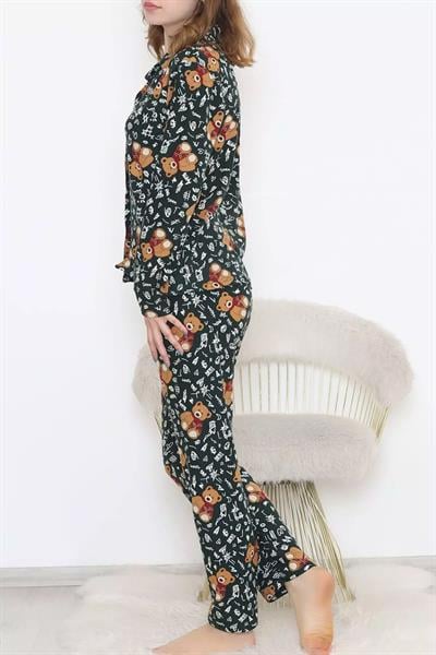 Dantel Ayıcıklı Haki Süet Pijama Takımı 