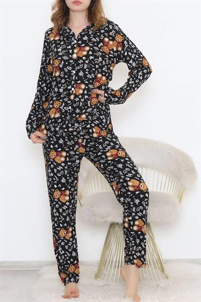 Dantel Ayıcıklı Siyah Süet Pijama Takımı 