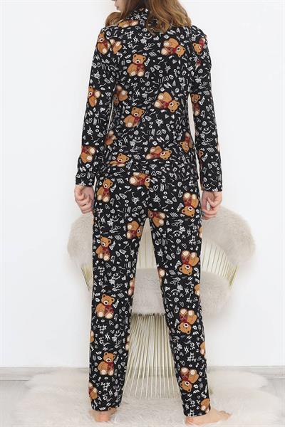 Dantel Ayıcıklı Siyah Süet Pijama Takımı 