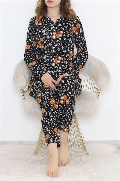 Dantel Ayıcıklı Siyah Süet Pijama Takımı 