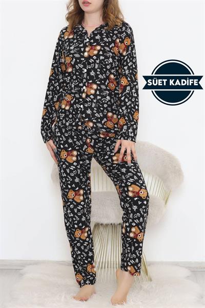Dantel Ayıcıklı Siyah Süet Pijama Takımı 