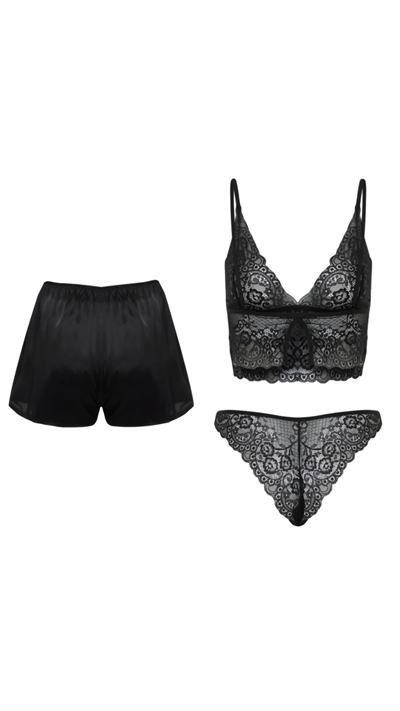 Dantel İhtişam Sabahlık Saten Şort Büstiyer Set