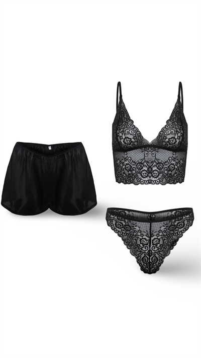 Dantel İhtişam Sabahlık Saten Şort Büstiyer Set