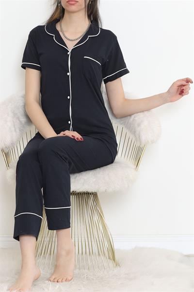 Dantel Lacivert Cepli Düz Pijama Takımı  