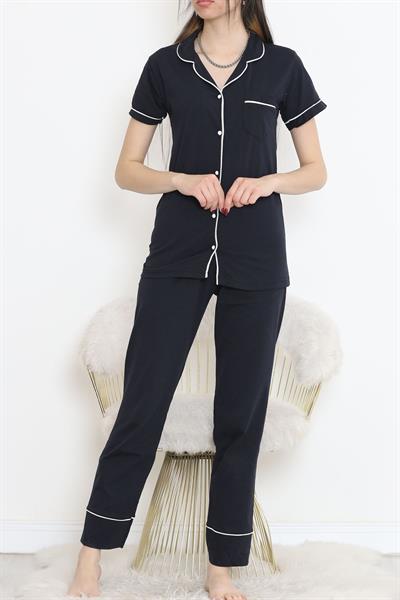 Dantel Lacivert Cepli Düz Pijama Takımı  