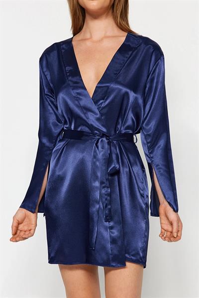 Lacivert Saten Sırt Pencere Detaylı Sabahlık