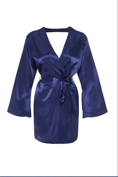 Lacivert Saten Sırt Pencere Detaylı Sabahlık