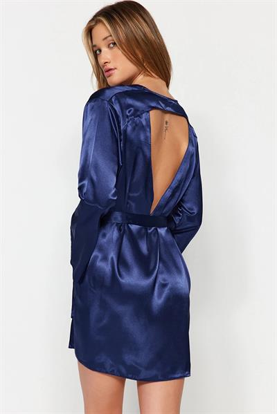 Lacivert Saten Sırt Pencere Detaylı Sabahlık