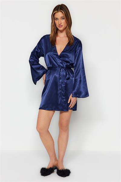 Lacivert Saten Sırt Pencere Detaylı Sabahlık