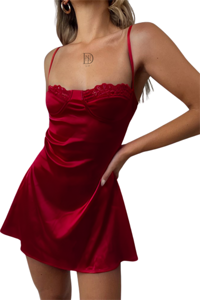 Ahude Koleksiyonu Balenli Bordo Saten Gecelik