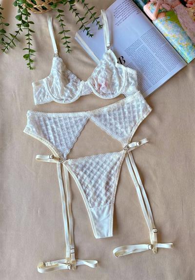 Beyaz İnci Dantel Jartiyer Takımı