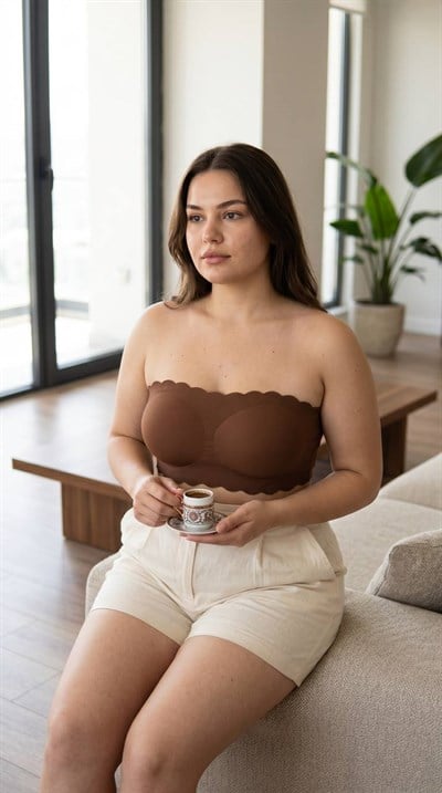 Bulut Koleksiyonu Büyük Beden C & D cup Strapless Sütyen Fitilli Kahve (arkası ayarlanan)