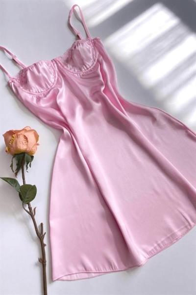 Dantel Ahude Koleksiyonu Pembe Saten&Dantel Gecelik & Babydoll 