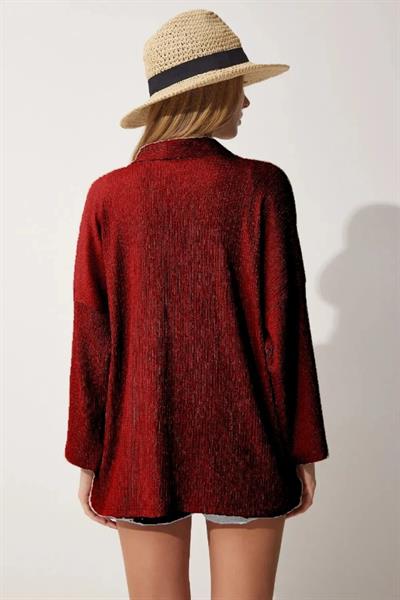 Dantel Basic Bürümcük Kumaş Şal Yaka Kimono Kırmızı