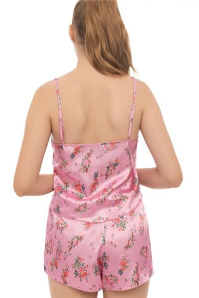 Dantel Çiçek Desenli Pembe Kısa Gecelik ve Şort 