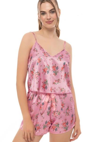 Dantel Çiçek Desenli Pembe Kısa Gecelik ve Şort 