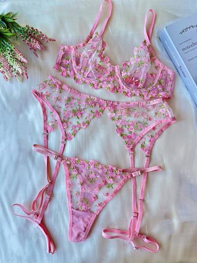 Dantel Kır Çiçeği B CUP Bralet Takımı Pembe