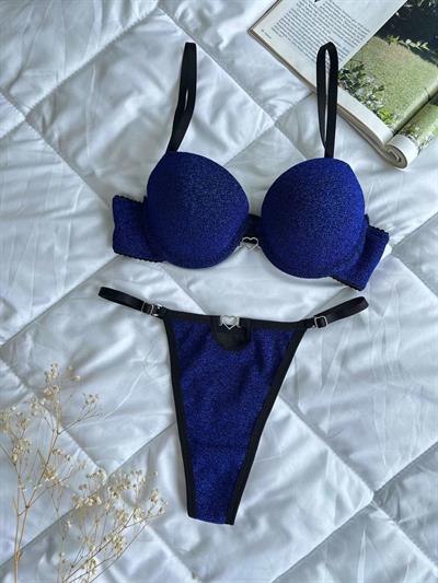 Dantel Mavi Gece  Push Up Destekli Sütyen Takımı