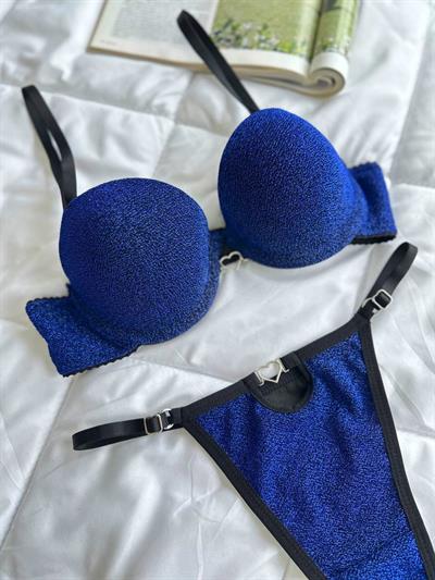 Dantel Mavi Gece  Push Up Destekli Sütyen Takımı