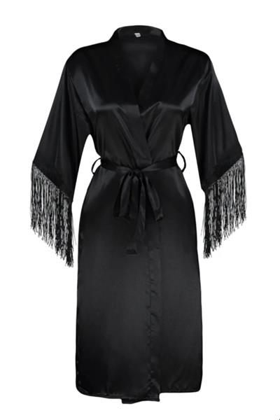 Dantel Siyah Saten Püskül Detaylı Sabahlık