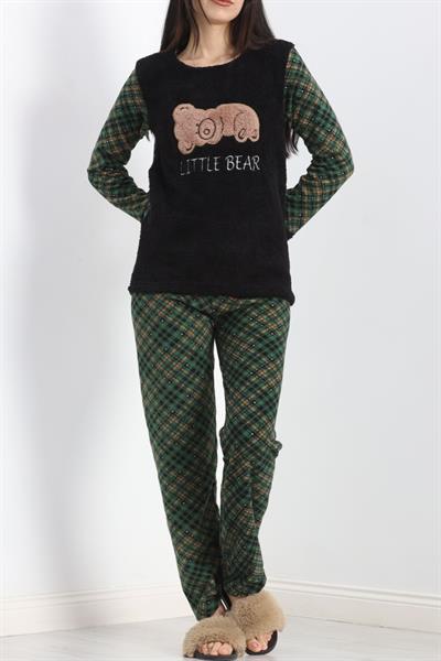 Dantel SiyahYeşil Polar PijamaTakımı