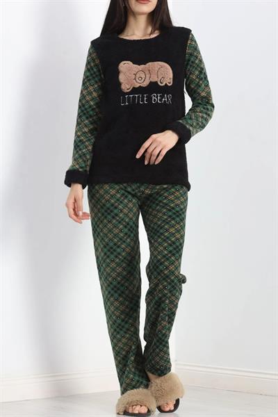 Dantel SiyahYeşil Polar PijamaTakımı