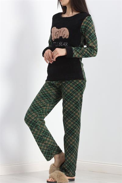 Dantel SiyahYeşil Polar PijamaTakımı