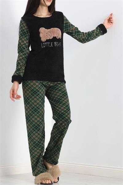 Dantel SiyahYeşil Polar PijamaTakımı