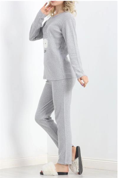 Dantel Soft Grey Açık Gri Nakışlı Pantolon Pijama Takımı