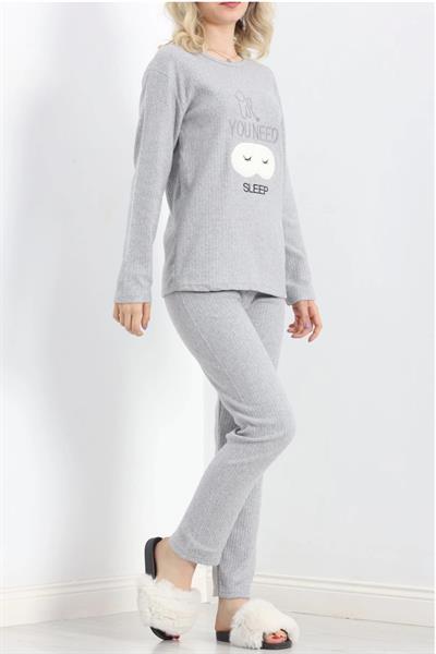 Dantel Soft Grey Açık Gri Nakışlı Pantolon Pijama Takımı
